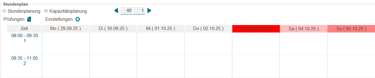 Feiertage (rot) in der integrierten Stundenplanung
