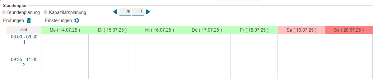 Ferien: (grün) in der integrierten Stundenplanung